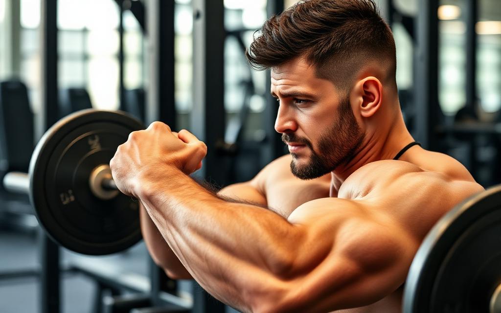 رجل يؤدي تمرين بايسبس بالبار