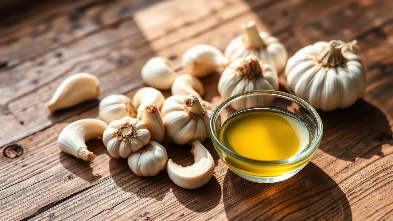 فصوص ثوم طازجة ووعاء صغير من الزيت على طاولة خشبية