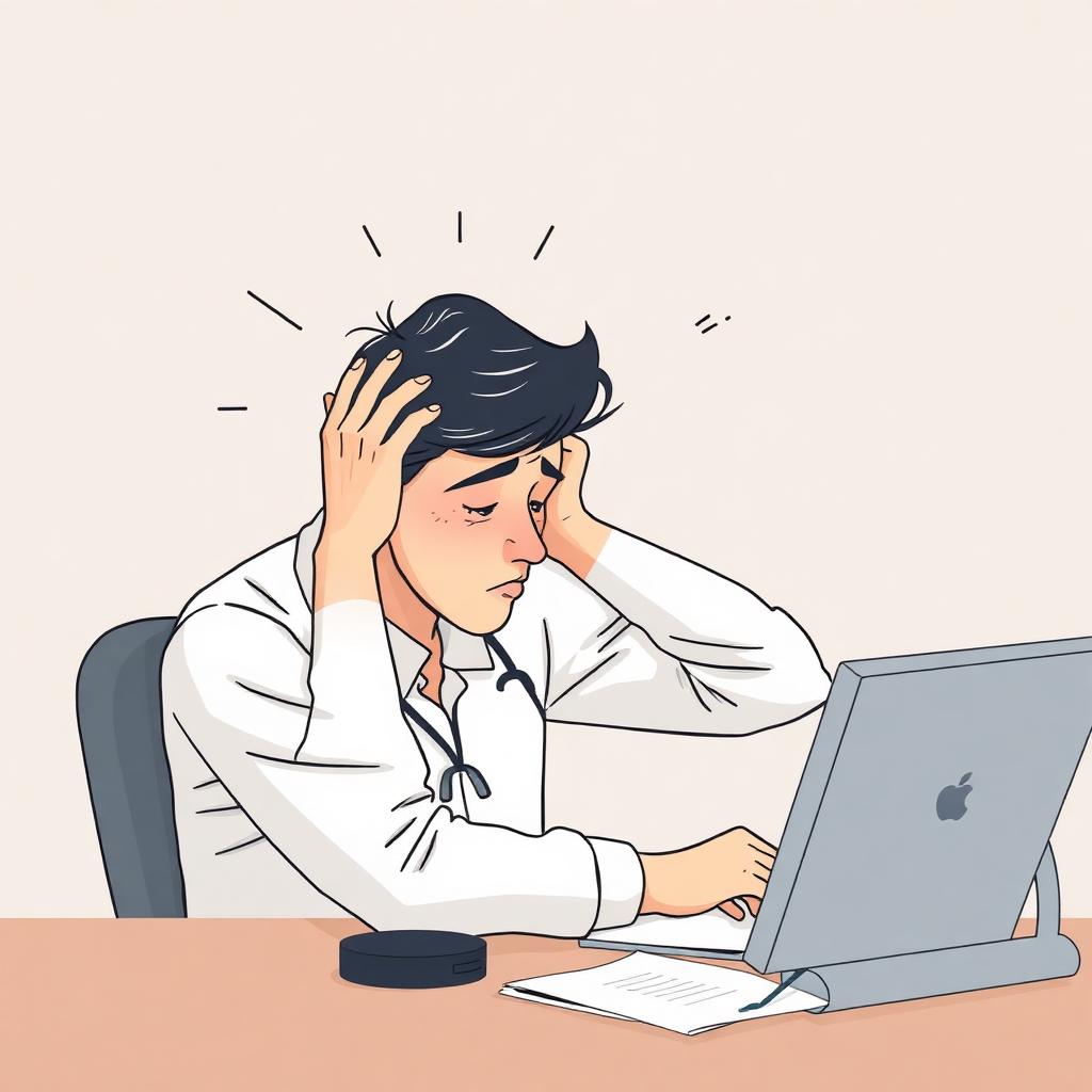 شخص متوتر يحمل رأسه بيديه أمام الحاسوب