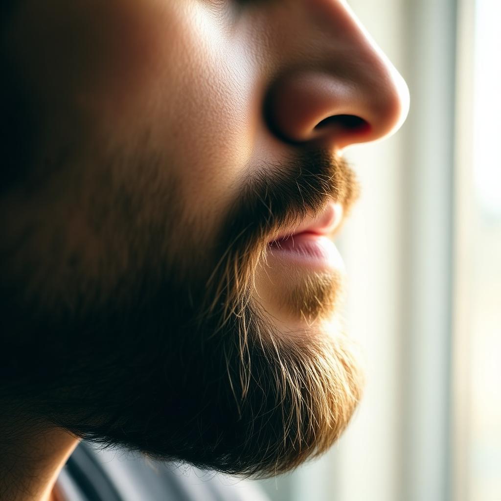 لقطة قريبة جانبية للحية رجل عند خط الفك بإضاءة طبيعية