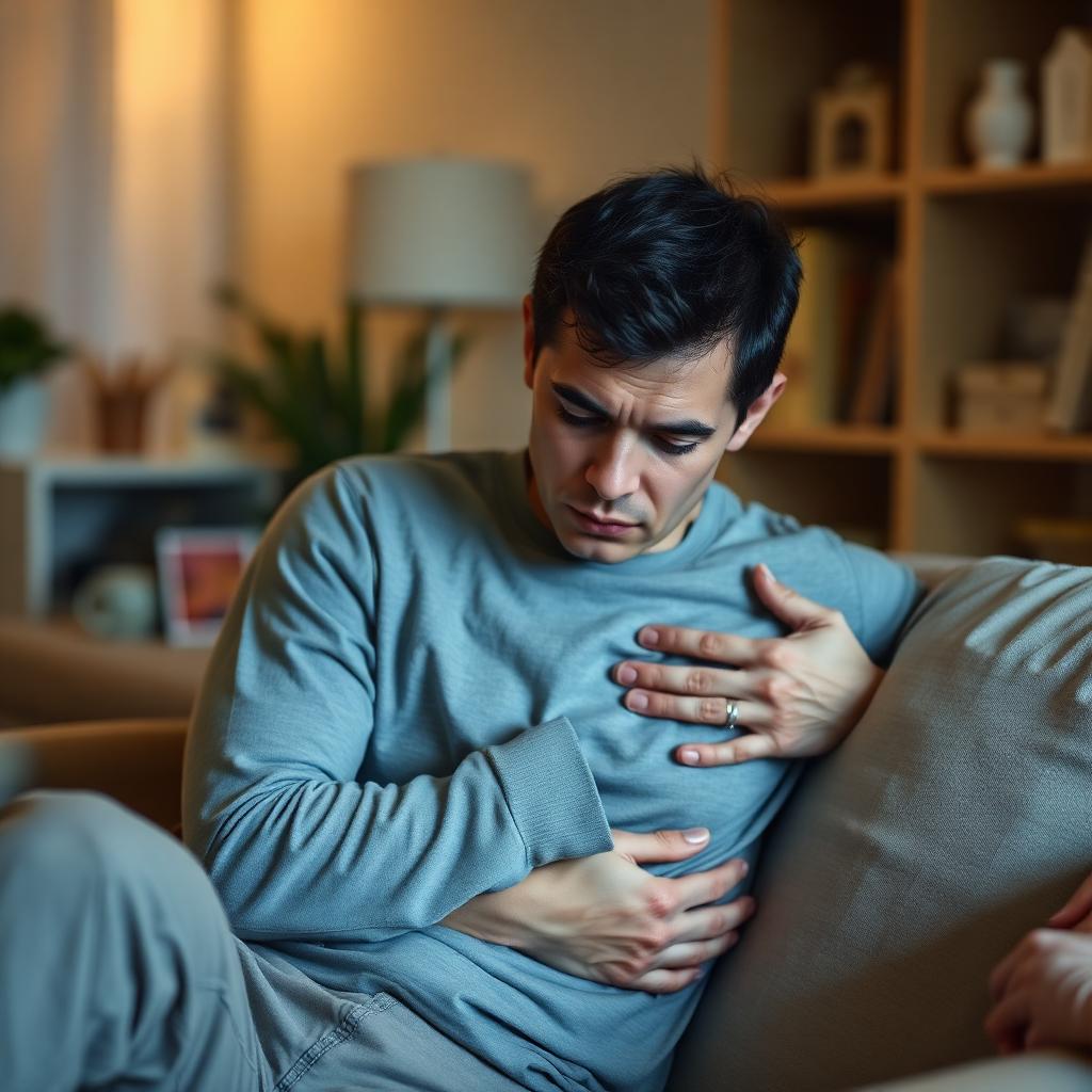 شخص جالس يمسك معدته في إشارة إلى غثيان خفيف بإضاءة منزلية هادئة