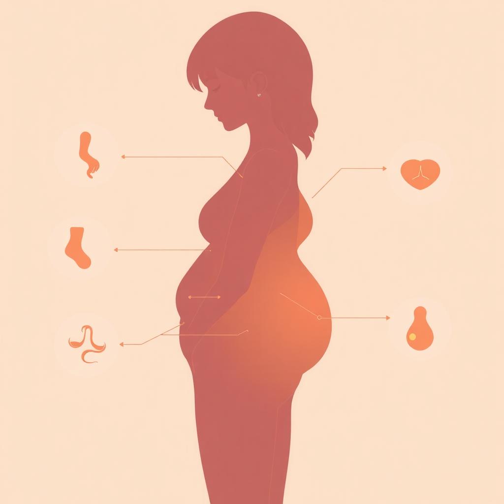 امرأة حامل مع أيقونات لأعراض الحمل المبكرة