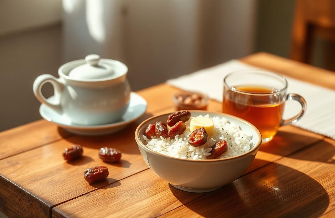 فطور طبيعي على طاولة خشبية في ضوء الصباح: وعاء أرز مع تمر وعسل وسمن وكوب شاي أعشاب