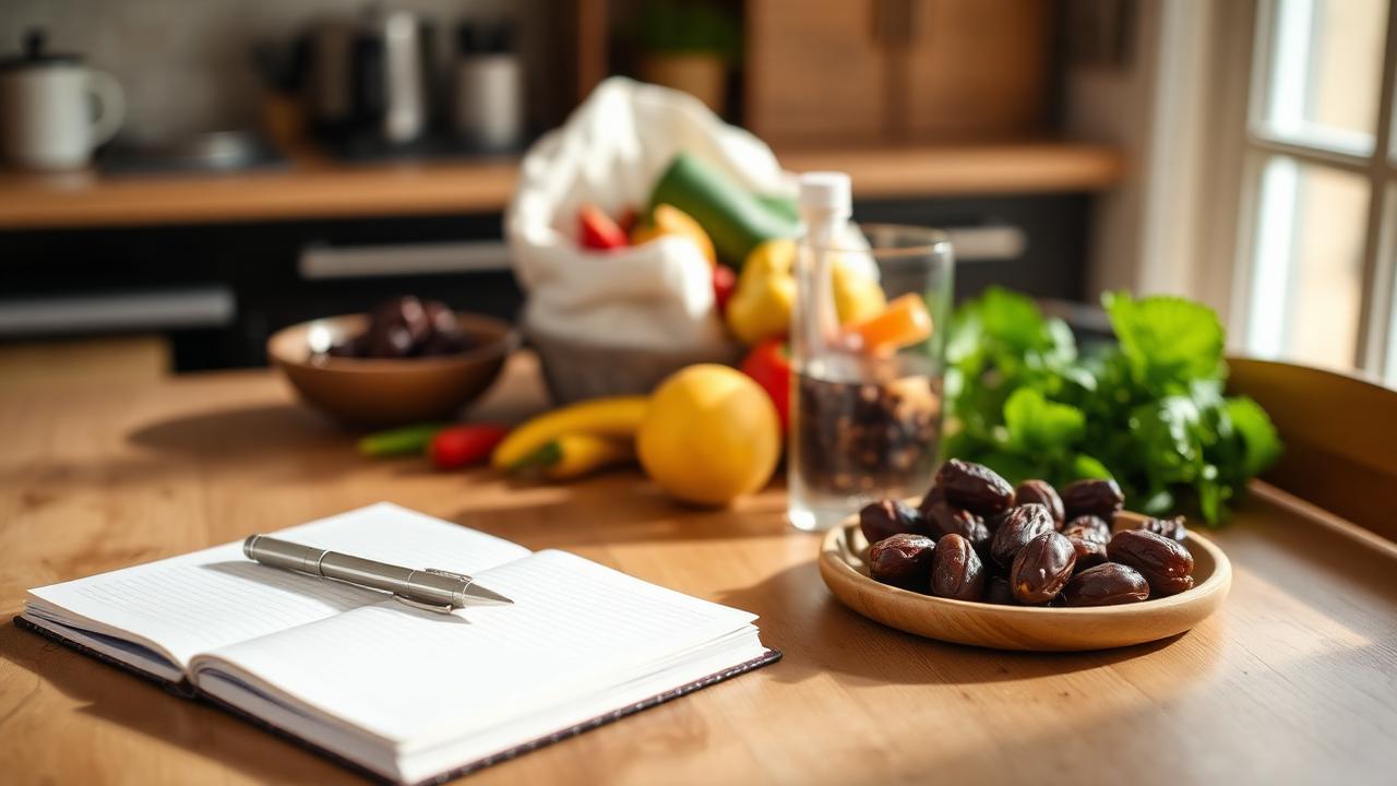 طاولة مطبخ خشبية عليها دفتر وقلم وأطعمة طبيعية طازجة وتمر وكوب ماء في ضوء الصباح