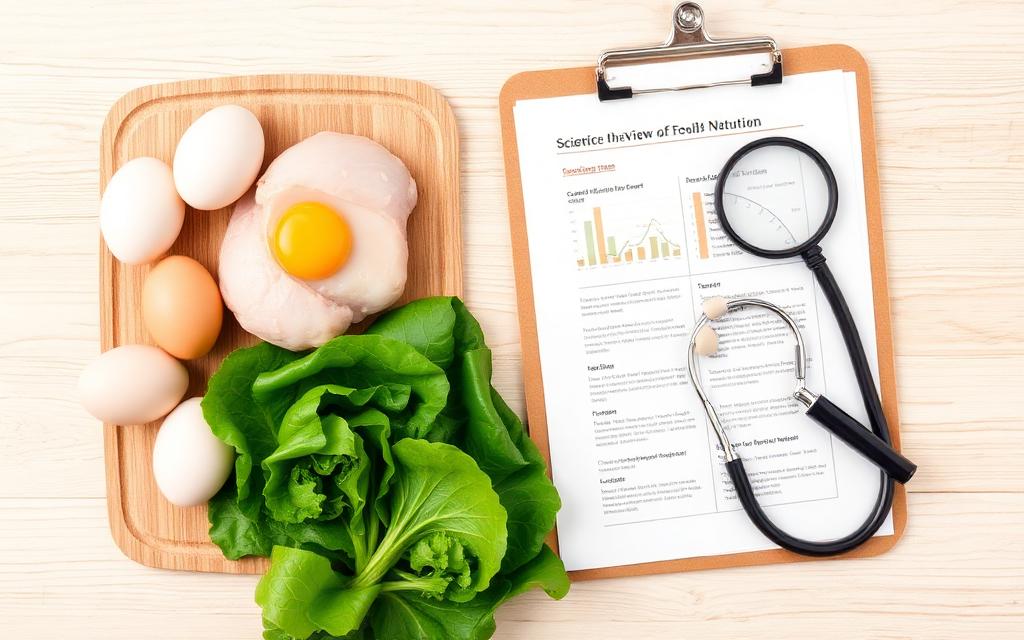 بيض ودجاج وخضروات بجانب أدوات بحث طبي ترمز إلى المراجعة العلمية للأطعمة
