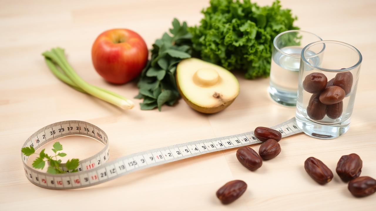 شريط قياس بجانب أطعمة طبيعية طازجة مثل الخضار والتفاح والتمر وكوب ماء على طاولة خشبية فاتحة