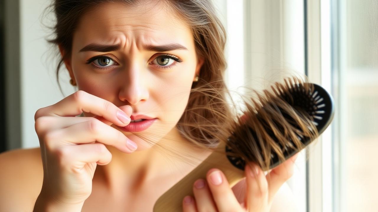 امرأة تنظر بقلق إلى كمية شعر متساقط في فرشاتها